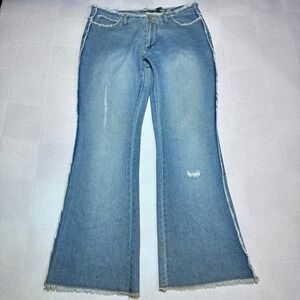 Vintage Y2K Lazer Flare Jeans Womens 11 Raw Edge Fringe Distressed Blue Denim